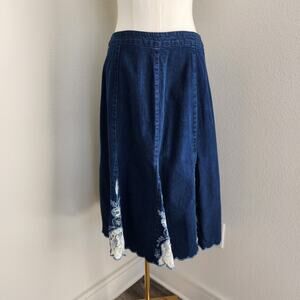 Vintage 90s Dark Wash Denim Midi Skirt Lace Inset Floral Embroidery Flare L